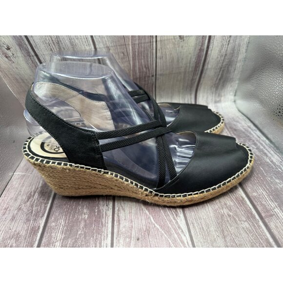 Abeo Delano Dress Sandal Sz 10 Wedge Espadrille Slingback Black Leather Comfort - Picture 1 of 12